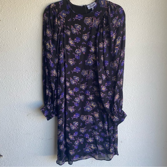 Ganni Black Purple Floral Georgette Mini Dress - Picture 3 of 7